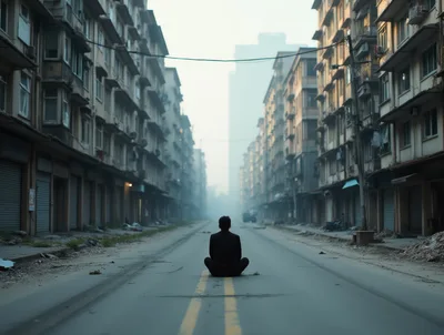 Man Sitting In Meditation On Empty City Street