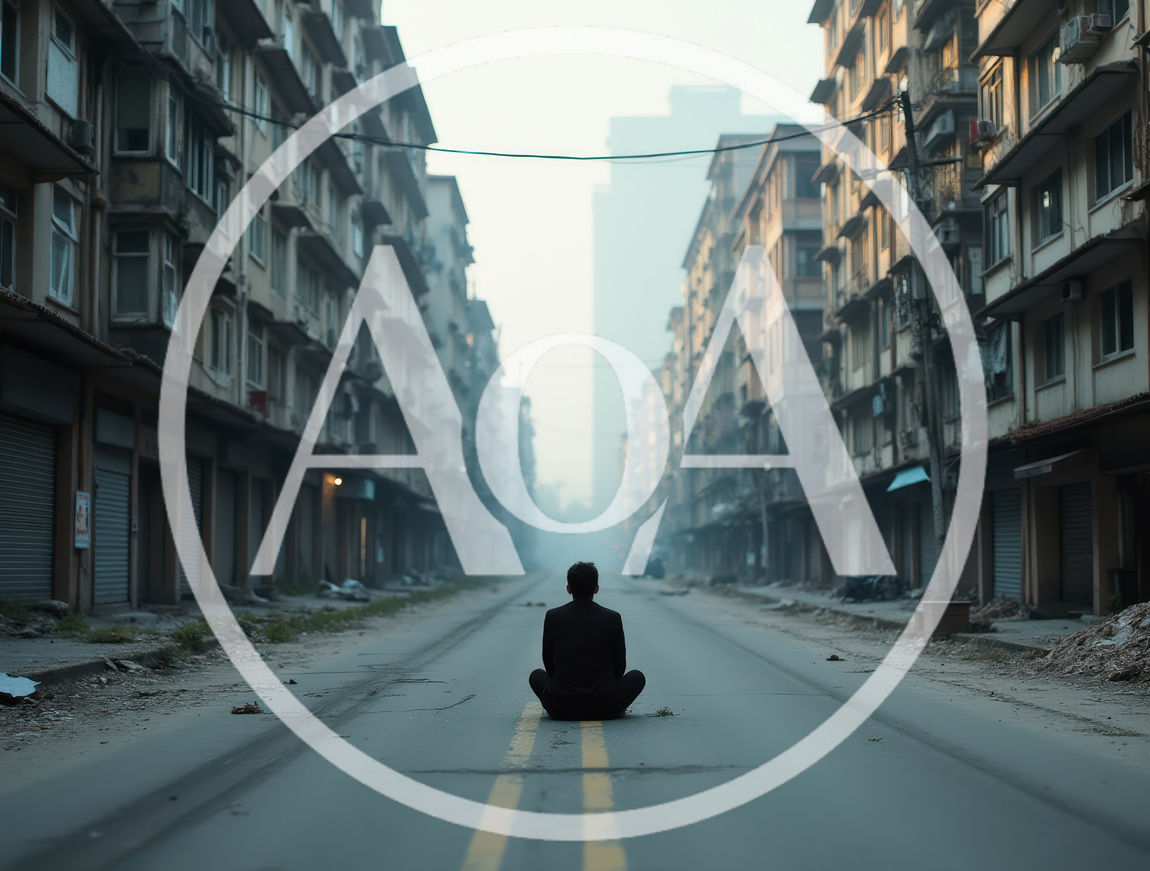 Man Sitting In Meditation On Empty City Street
