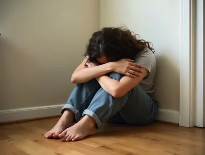 Young Woman Sitting Alone In Corner Crying