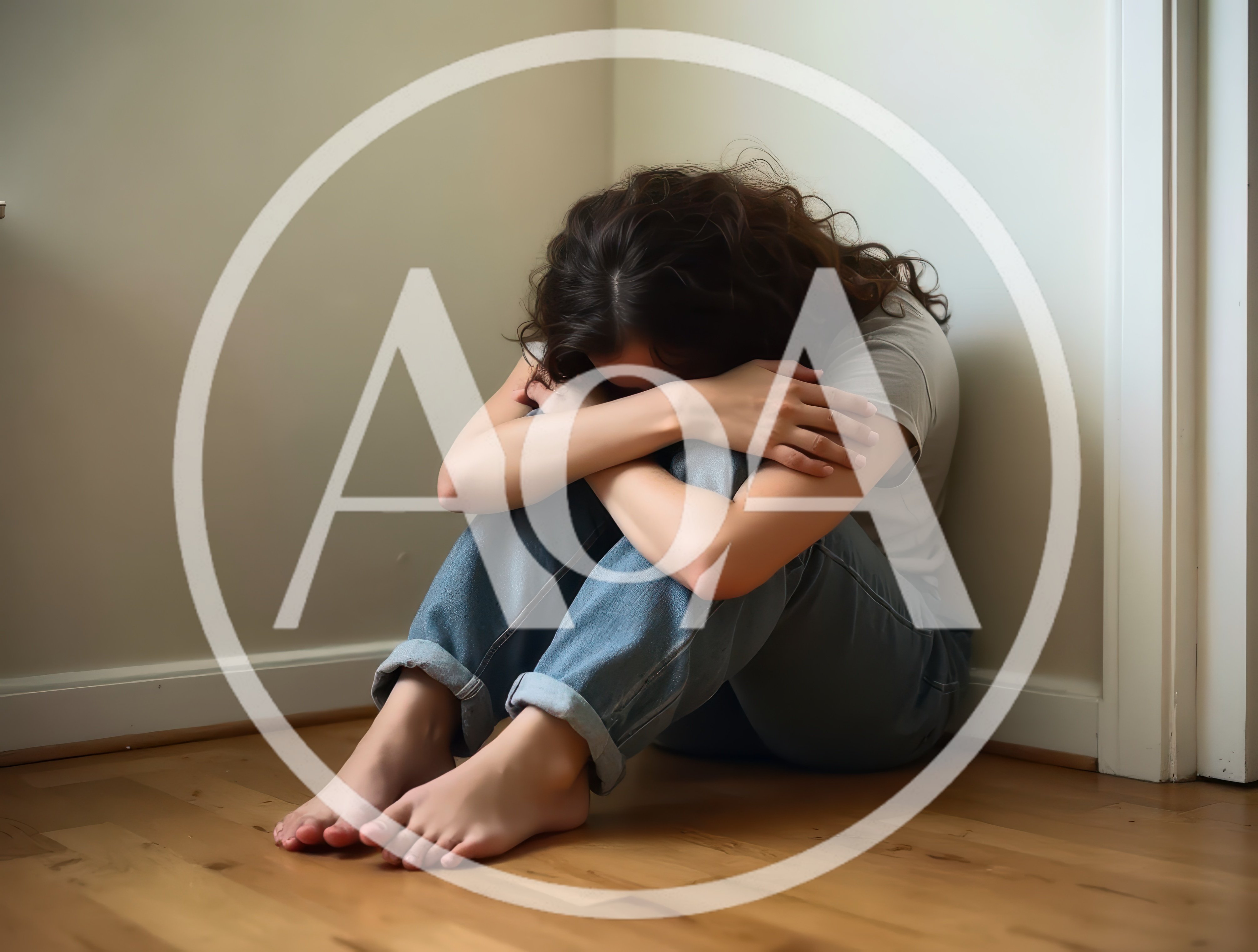 Young Woman Sitting Alone In Corner Crying