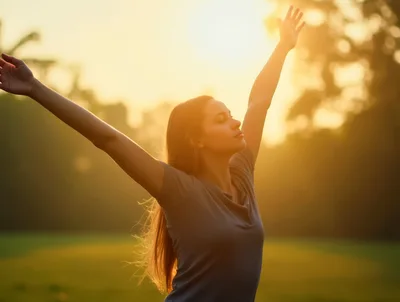 Young Woman Enjoying Sunset With Arms Raised