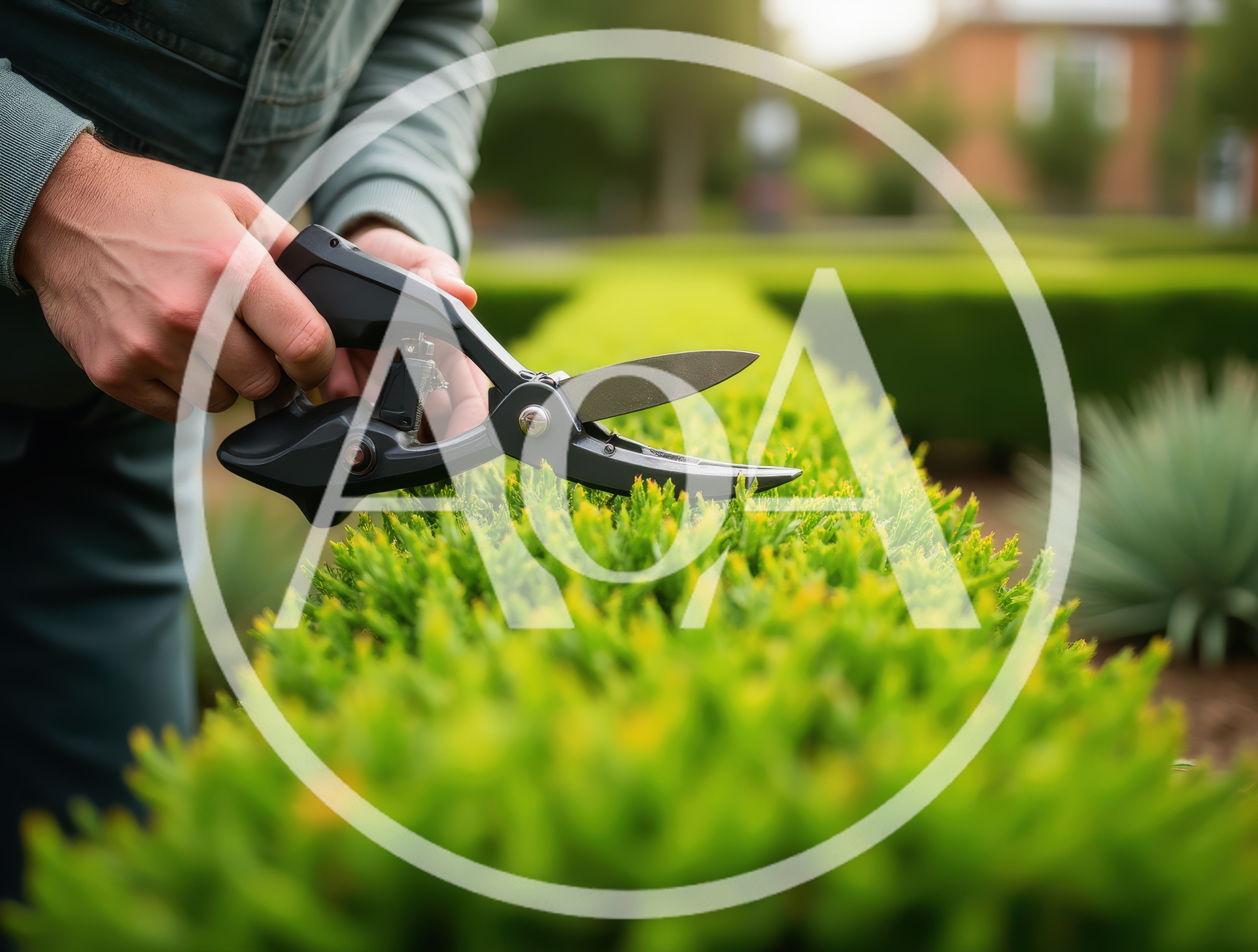 Gardener Trimming A Green Hedge With Hand Shears