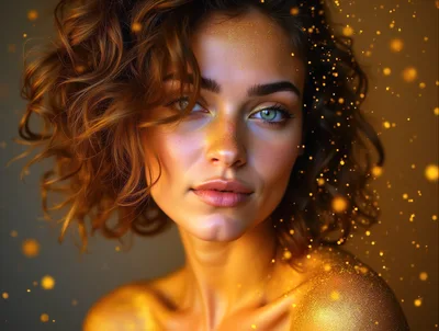 Portrait Of A Woman With Golden Glitter Makeup