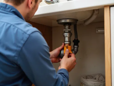 Plumber Repairing Sink Drain Pipe Under Cabinet