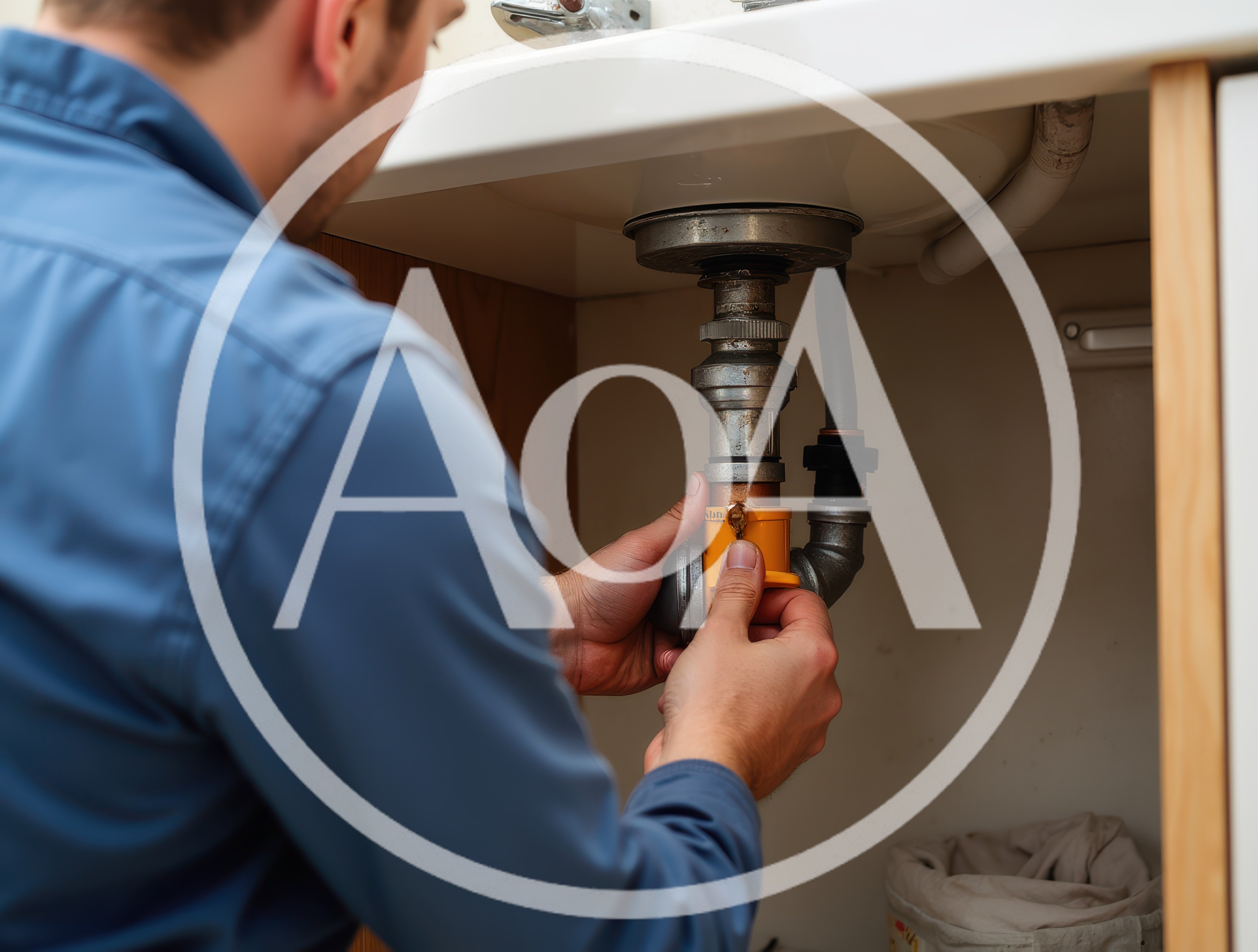 Plumber Repairing Sink Drain Pipe Under Cabinet