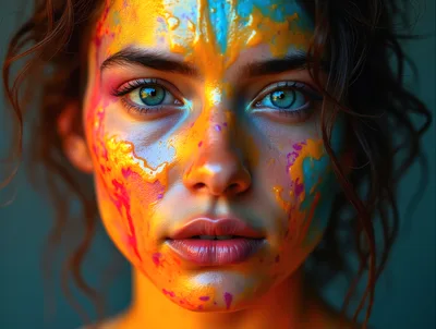 Portrait Of A Woman With Vibrant Colorful Face Paint
