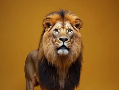 Majestic Male Lion Portrait Against Solid Gold Background