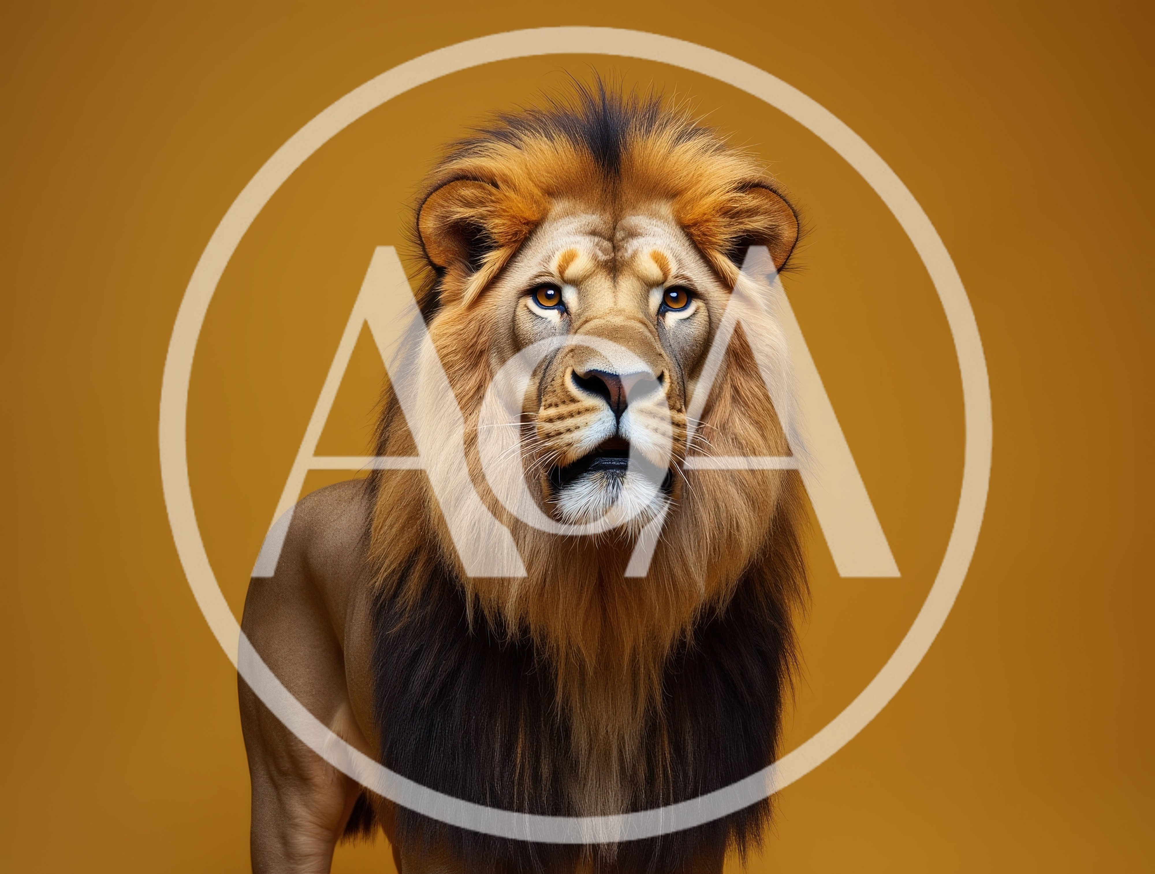 Majestic Male Lion Portrait Against Solid Gold Background