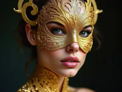 Portrait Of A Woman Wearing An Ornate Gold Mask