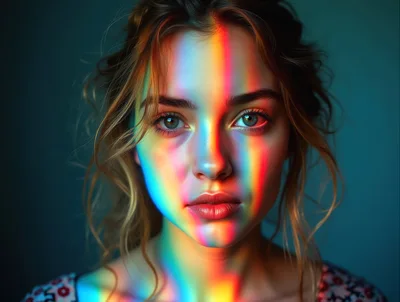 Portrait Of A Young Woman With Rainbow Light Effects