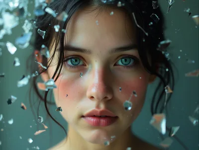 Portrait Of A Young Woman Surrounded By Floating Glass