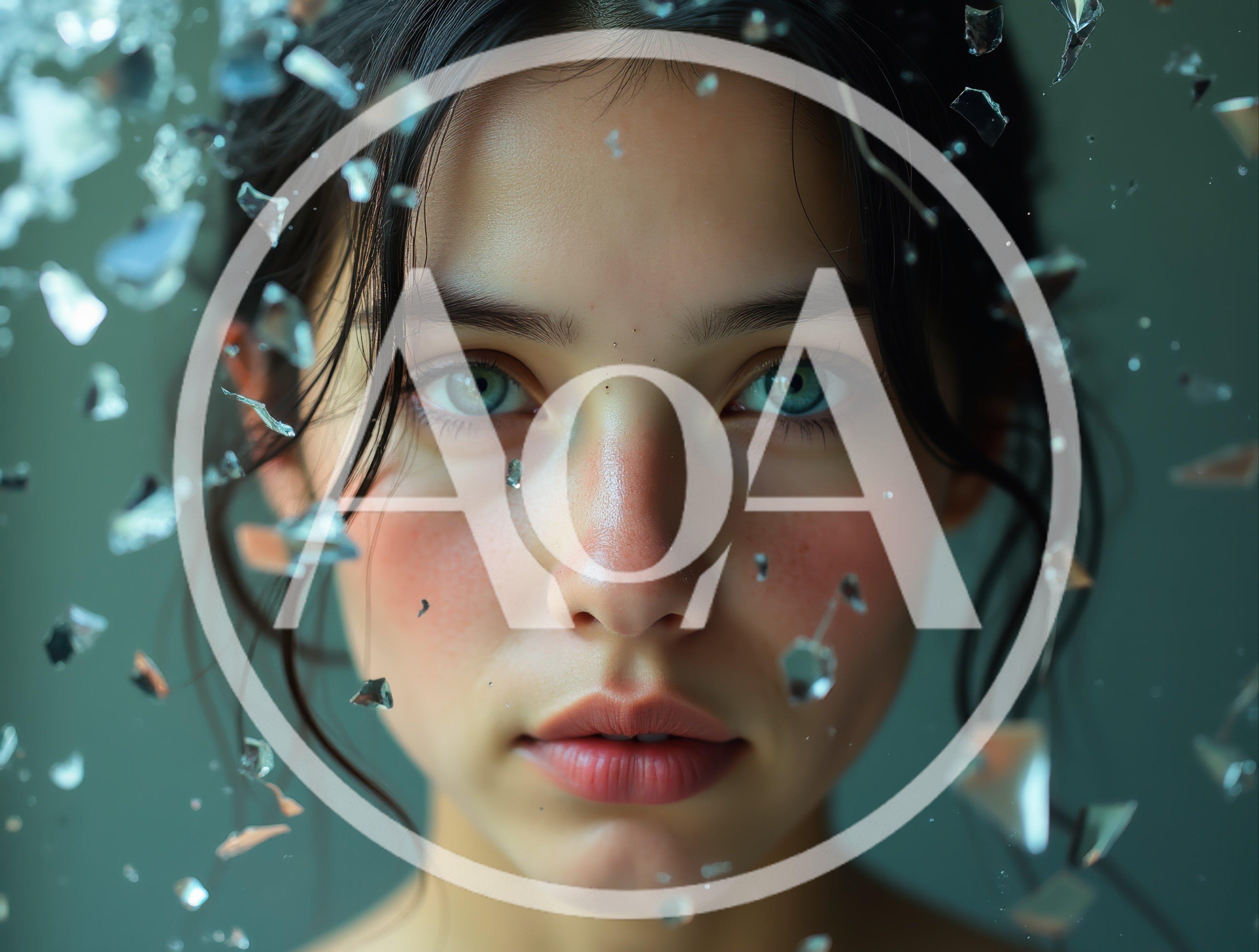 Portrait Of A Young Woman Surrounded By Floating Glass