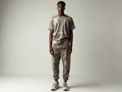 Young Man Modeling Grey Geometric Patterned Streetwear