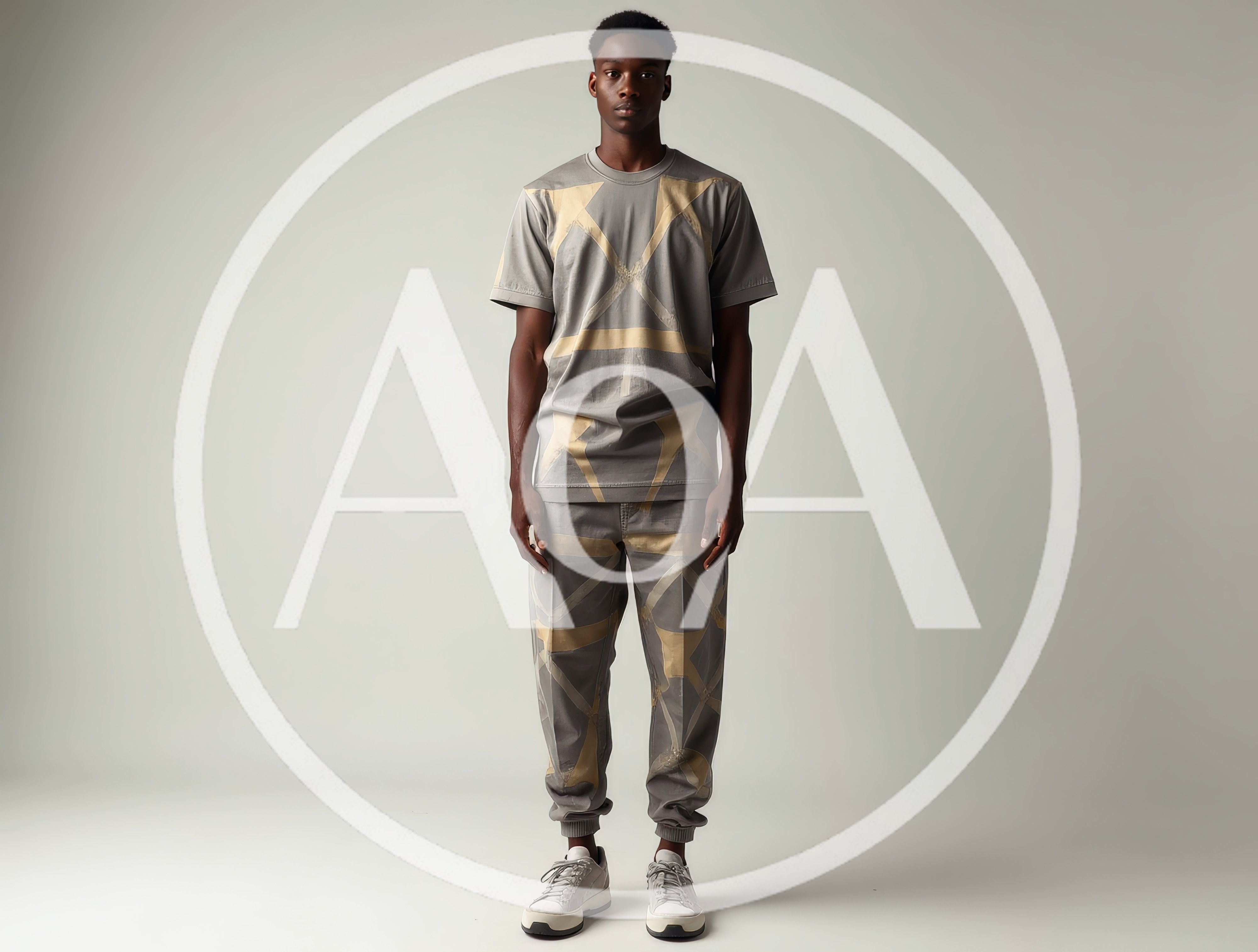 Young Man Modeling Grey Geometric Patterned Streetwear