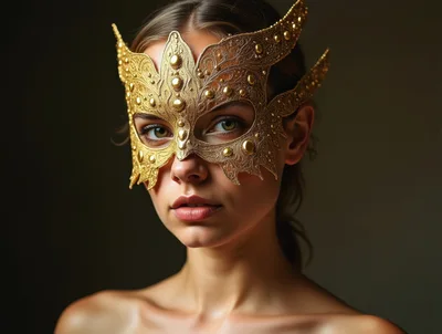 Portrait Of A Woman Wearing An Ornate Gold Mask