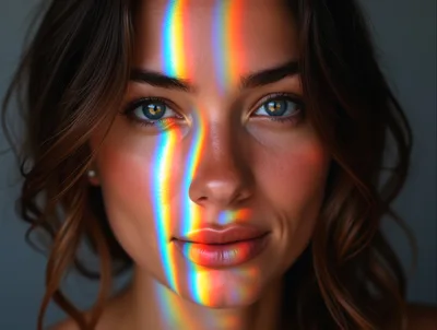 Portrait Of A Woman With Rainbow Light Reflection