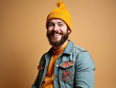 Smiling Man Wearing Yellow Beanie And Denim Jacket