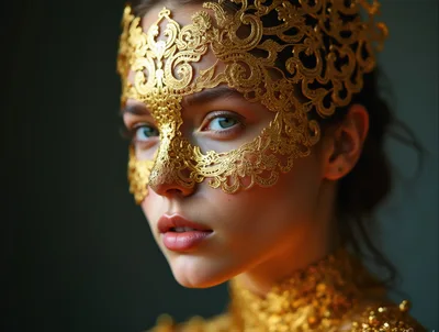 Portrait Of A Woman Wearing An Ornate Gold Mask