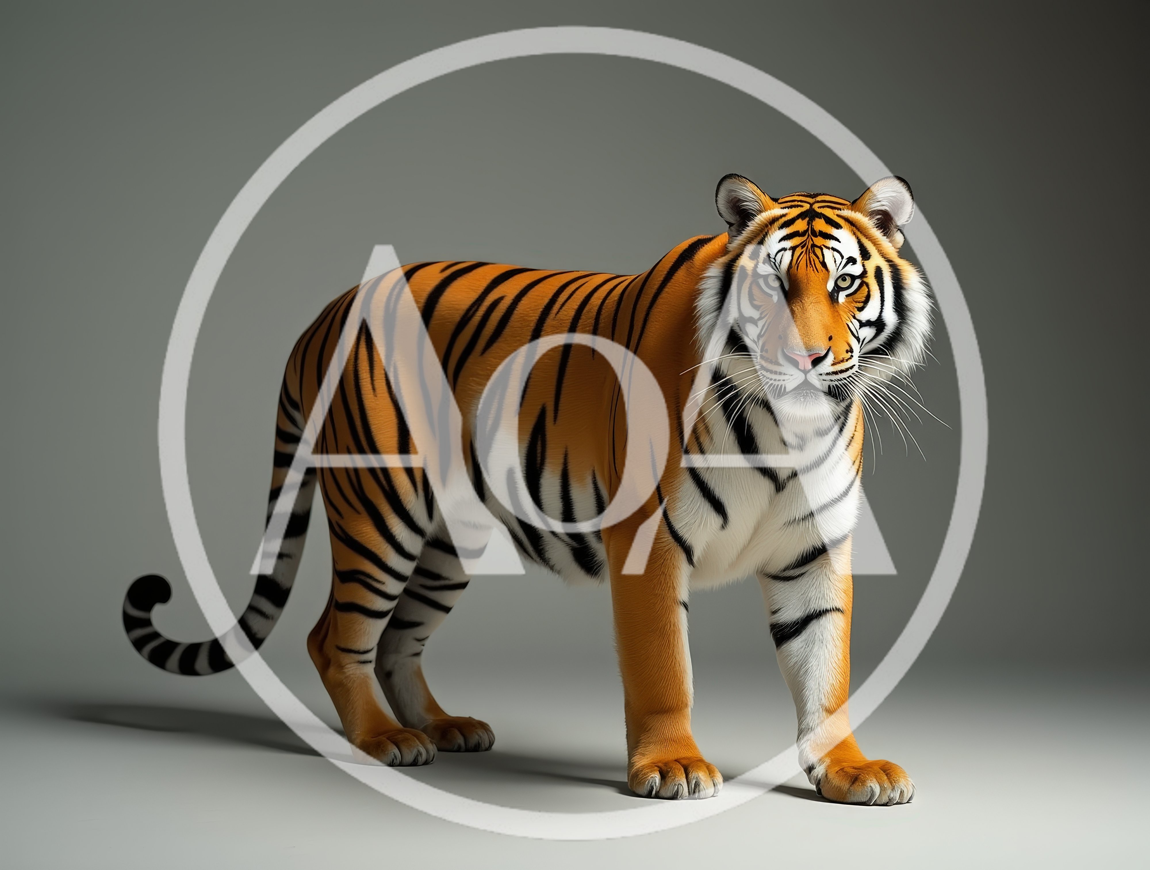 Majestic Bengal Tiger Standing Against Neutral Background