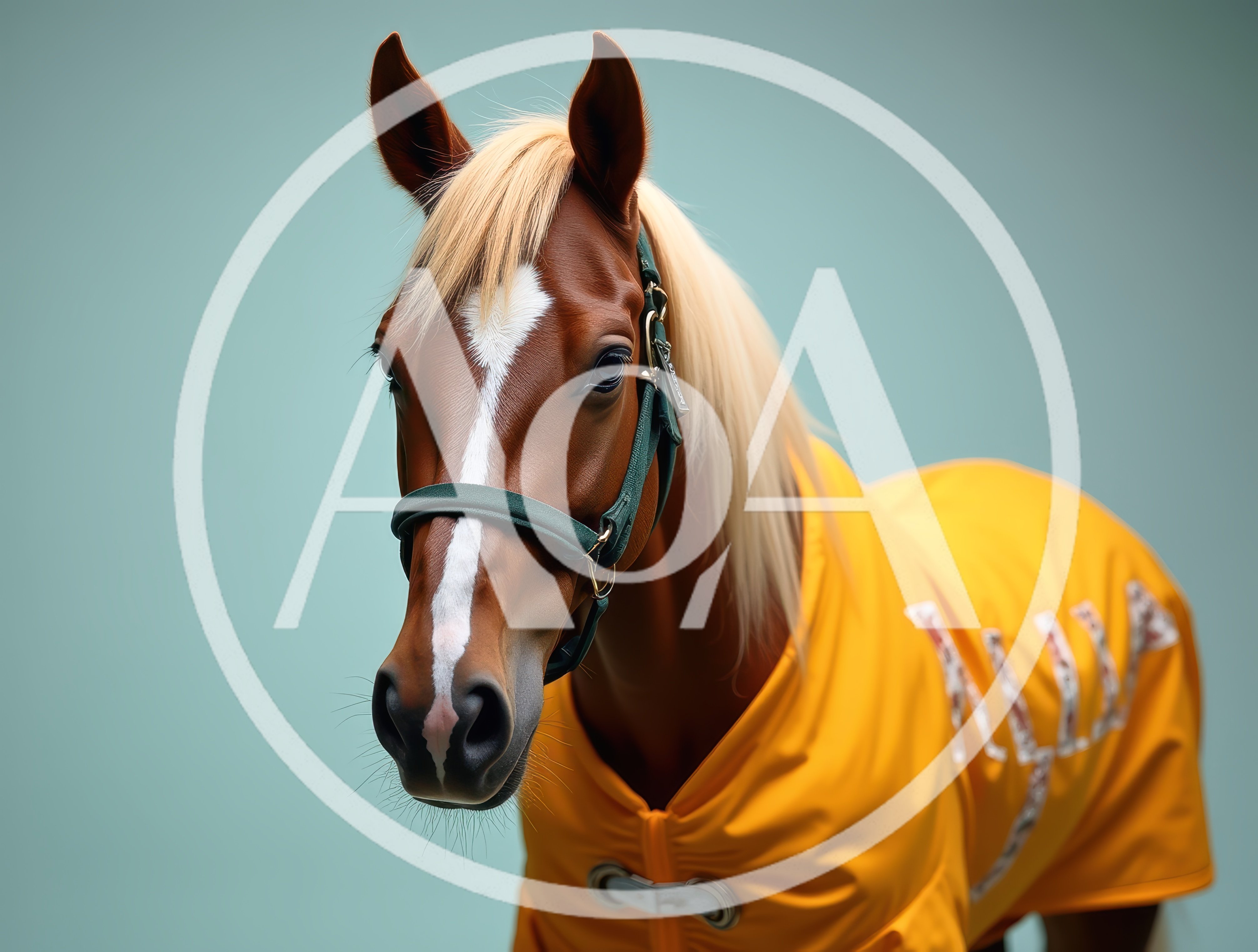 Portrait Of A Chestnut Horse Wearing A Yellow Blanket