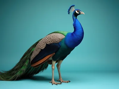 Majestic Indian Peacock Standing Against A Solid Teal Background
