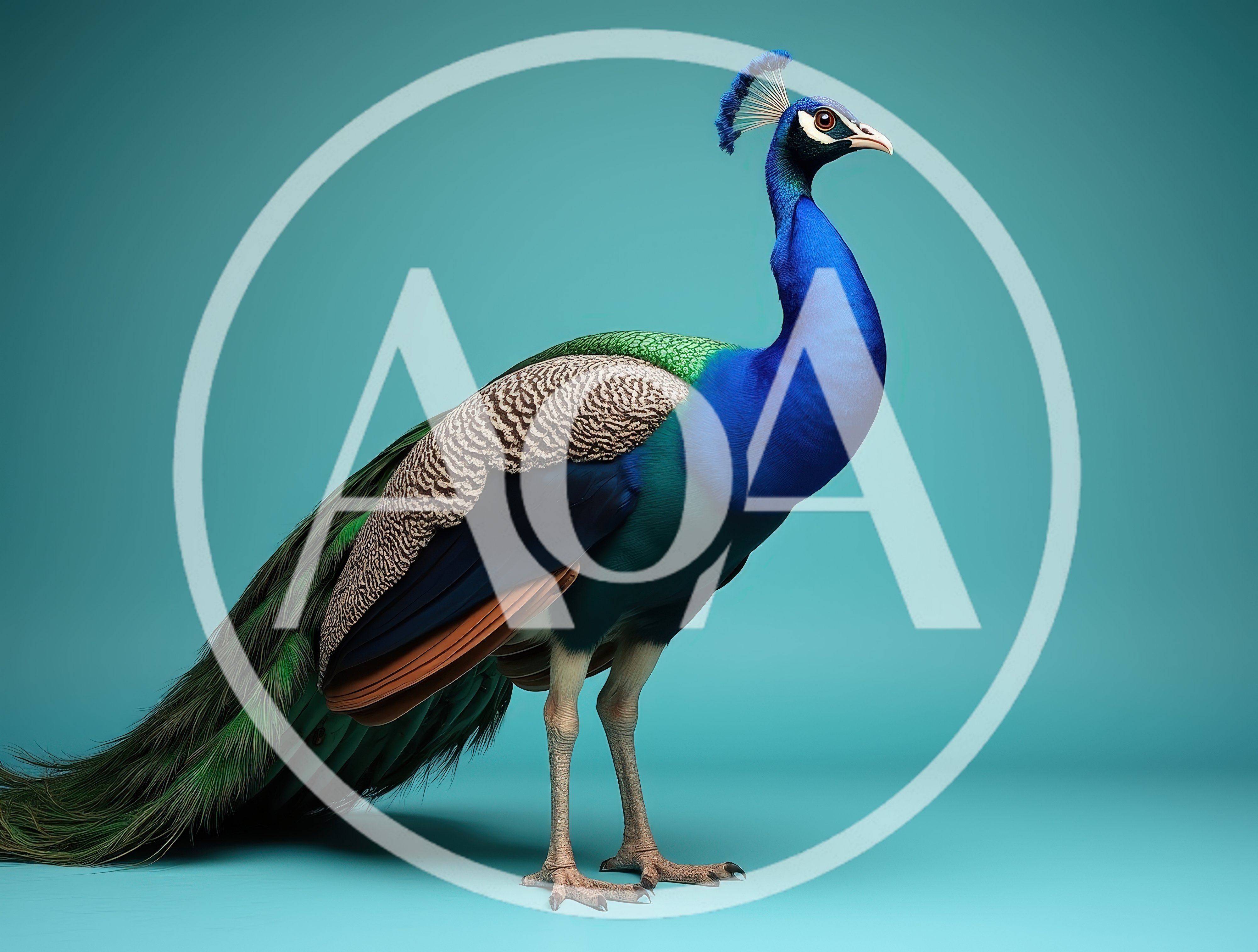 Majestic Indian Peacock Standing Against A Solid Teal Background