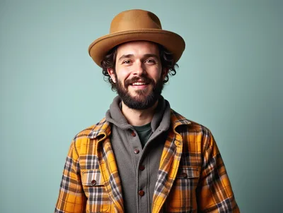 Smiling Young Man Wearing A Fedora And Plaid Shirt