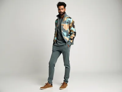 Fashionable Man Posing In Camouflage Jacket And Trousers