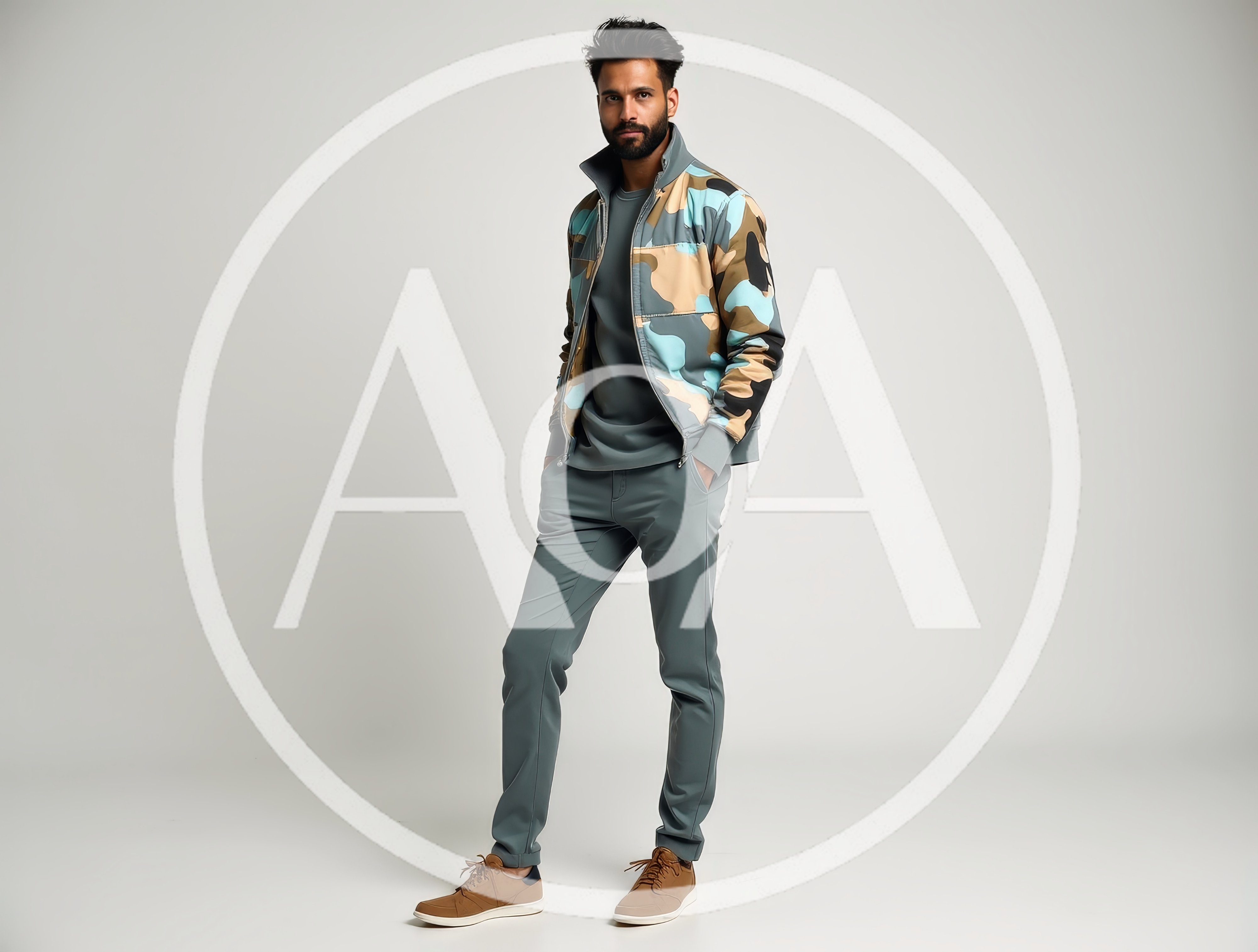 Fashionable Man Posing In Camouflage Jacket And Trousers