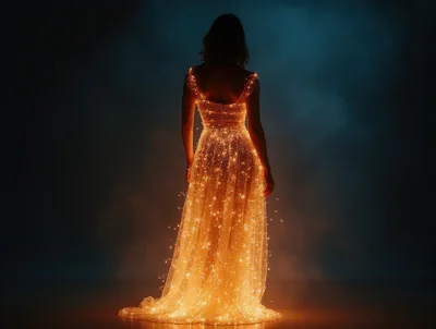 Woman Wearing A Glowing Golden Sparkle Gown