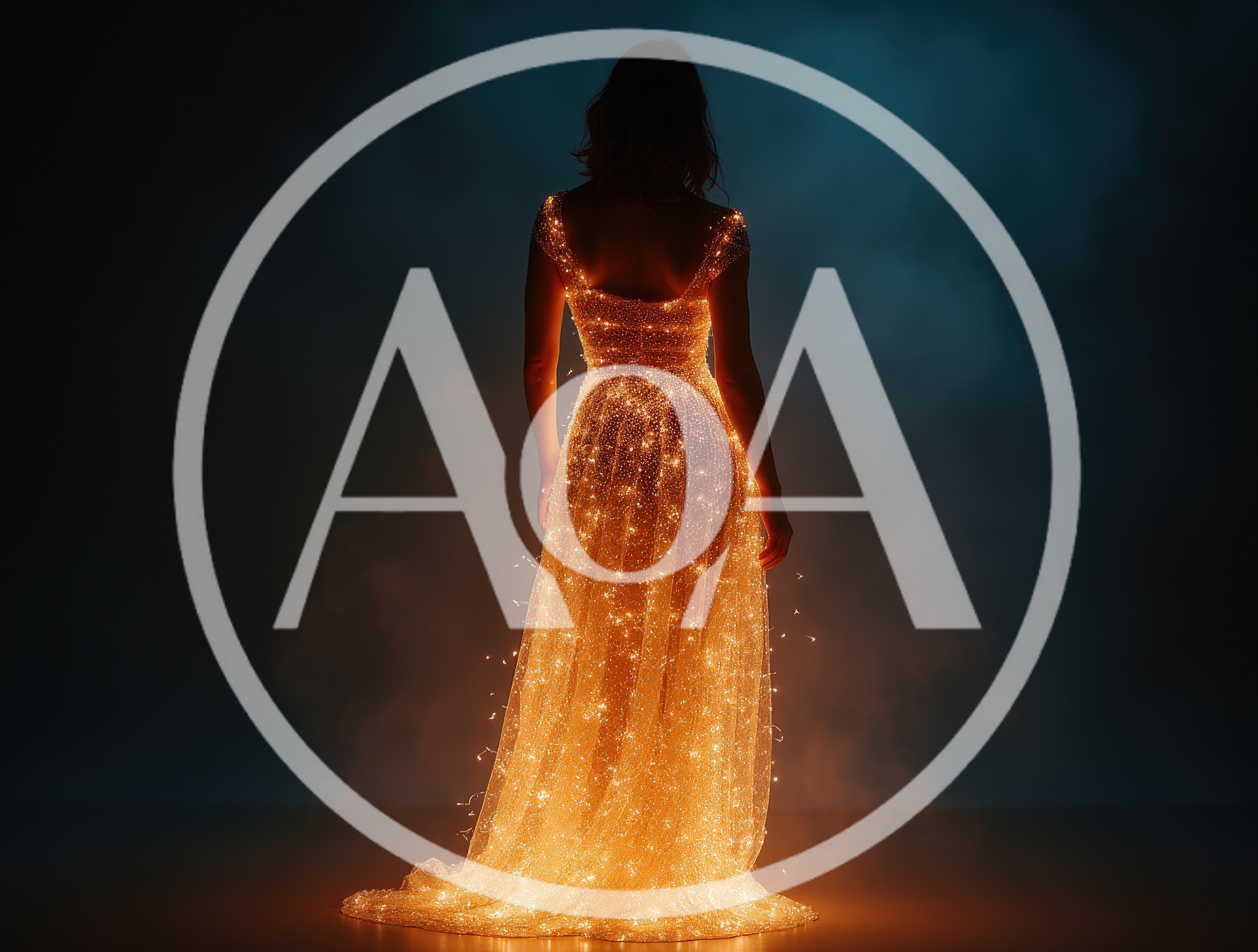 Woman Wearing A Glowing Golden Sparkle Gown