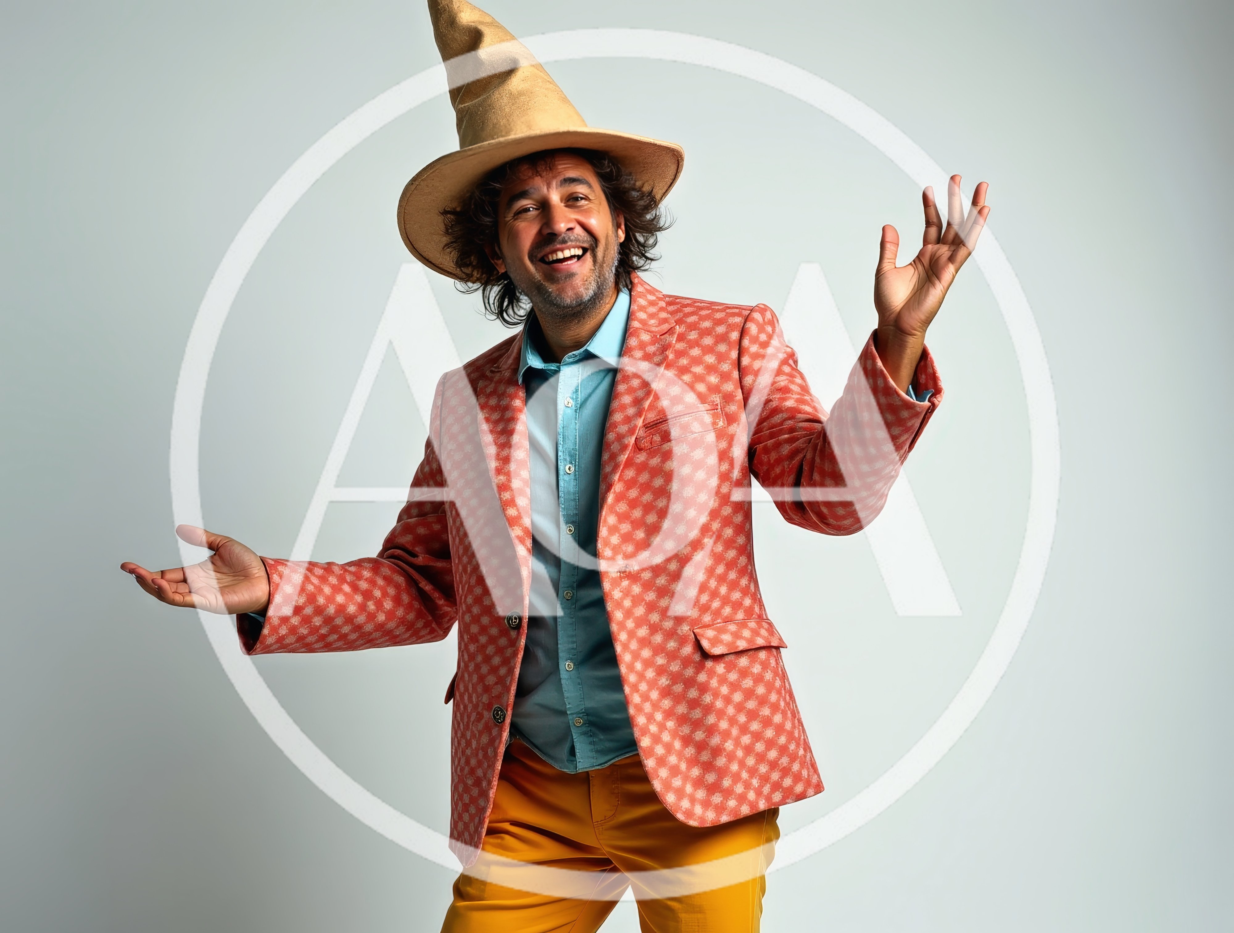 Man Wearing Wizard Hat and Patterned Blazer
