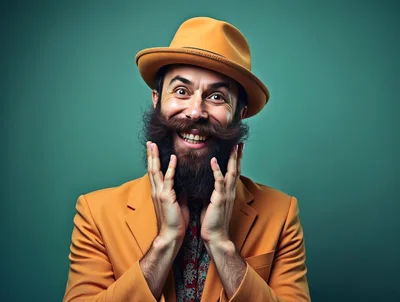 Excited Man With Large Beard Wearing Orange Suit