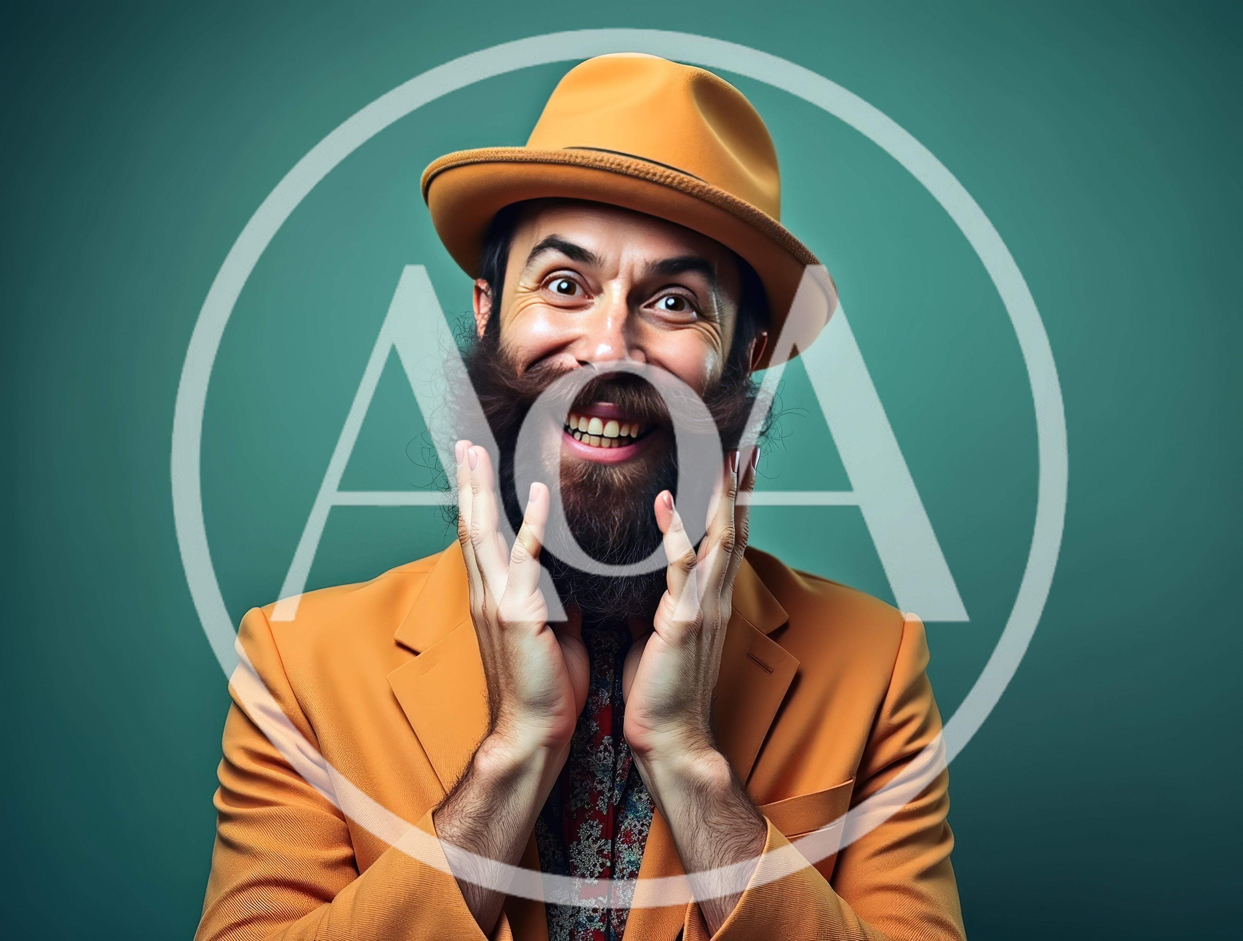 Excited Man With Large Beard Wearing Orange Suit