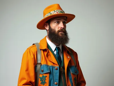 Portrait Of A Bearded Man In Orange Hat And Jacket