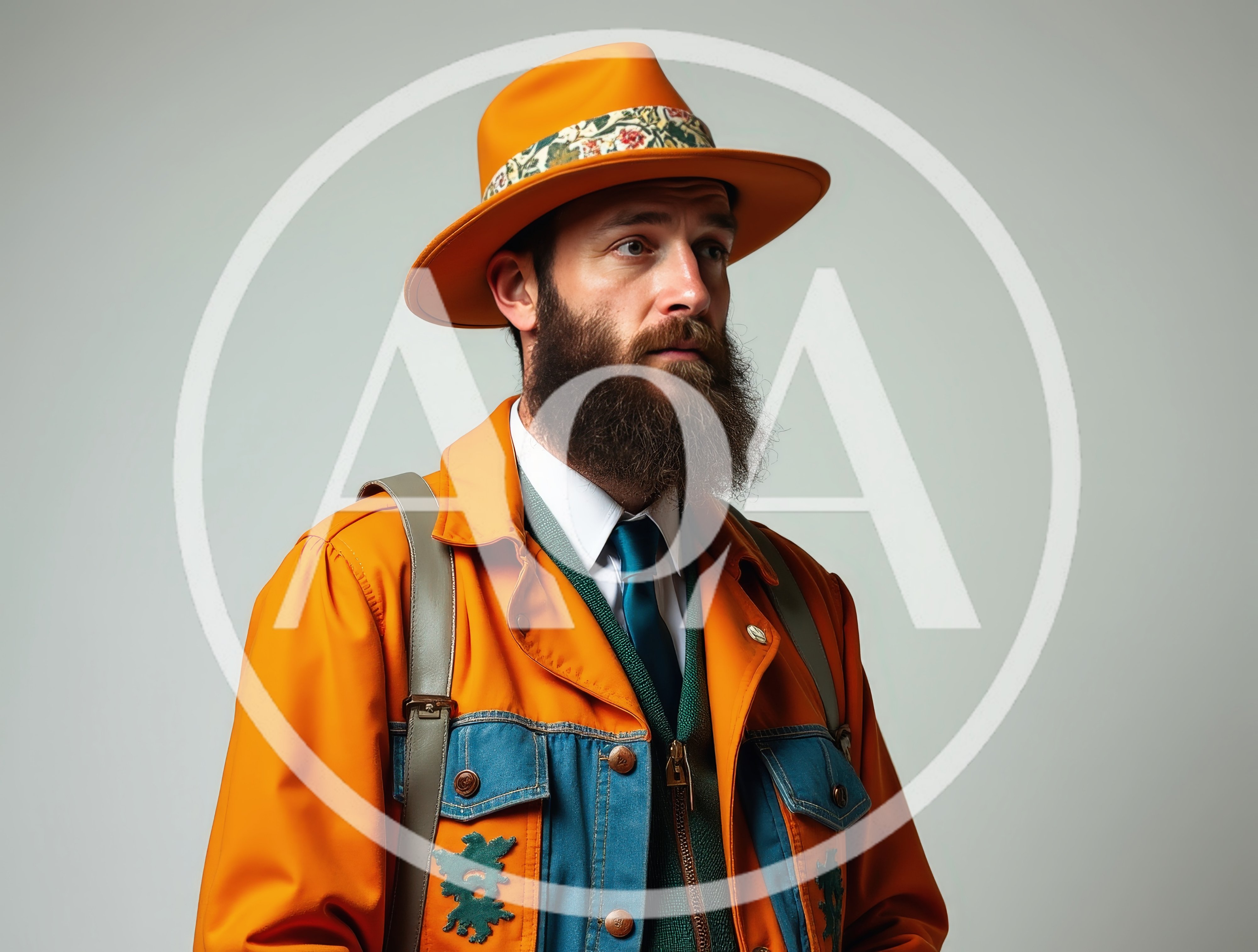 Portrait Of A Bearded Man In Orange Hat And Jacket