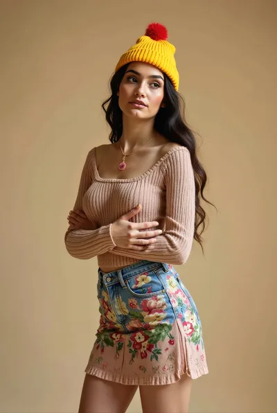 Young Woman Wearing Yellow Beanie and Floral Skirt