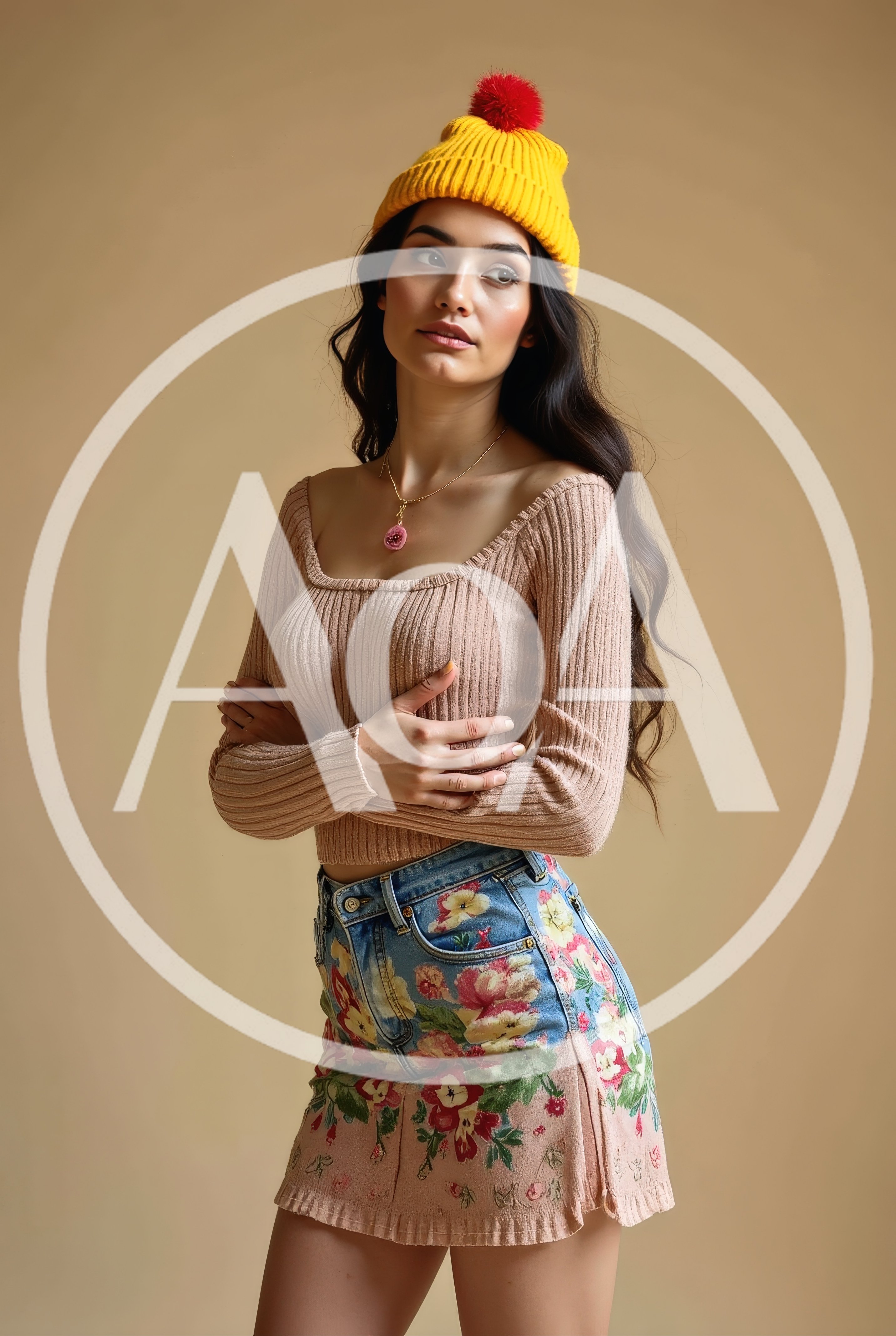 Young Woman Wearing Yellow Beanie and Floral Skirt