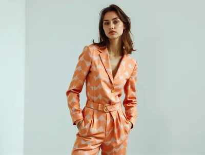 Fashionable Woman In Peach Patterned Suit
