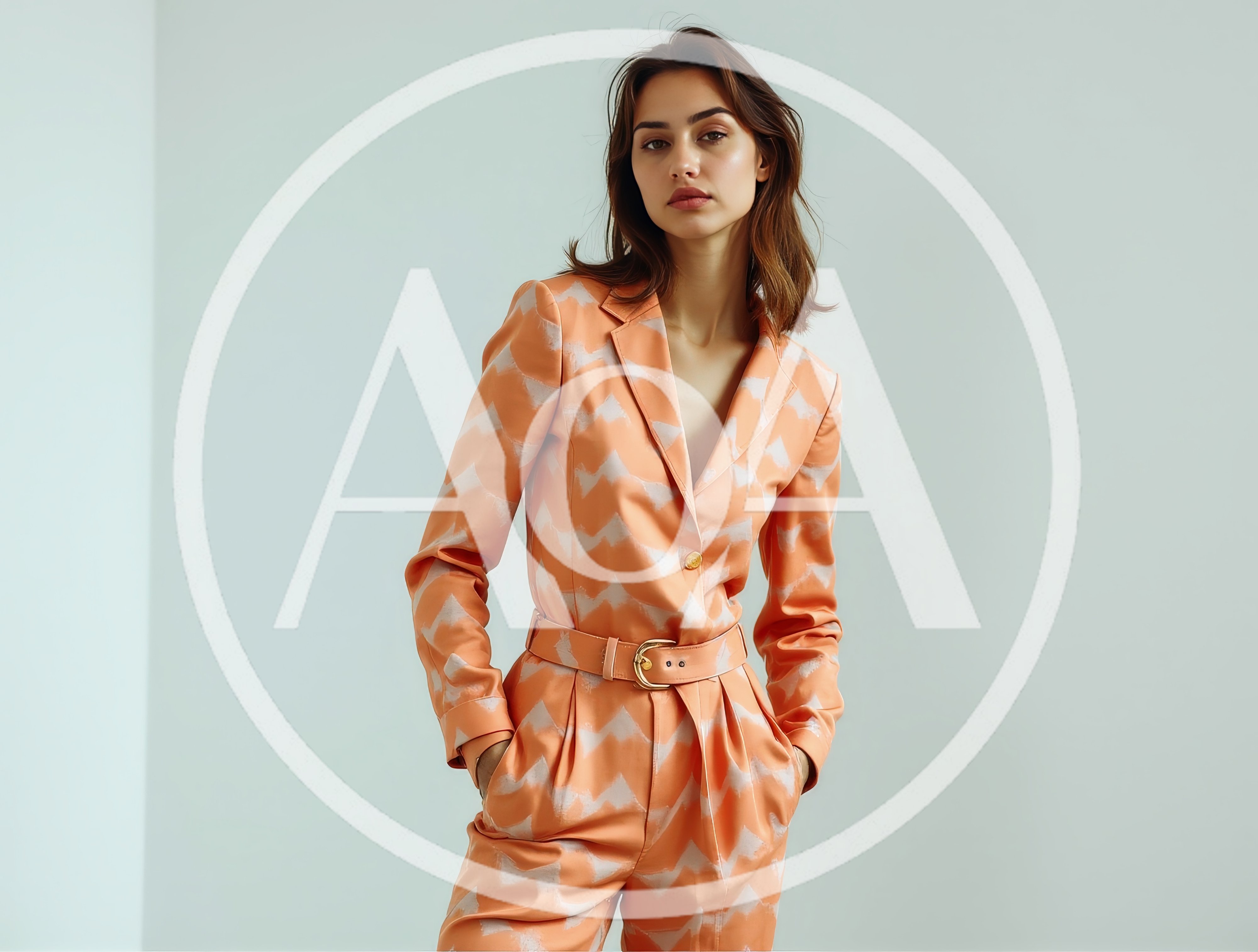 Fashionable Woman In Peach Patterned Suit