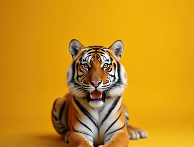 Majestic Tiger Sitting Against A Solid Yellow Background