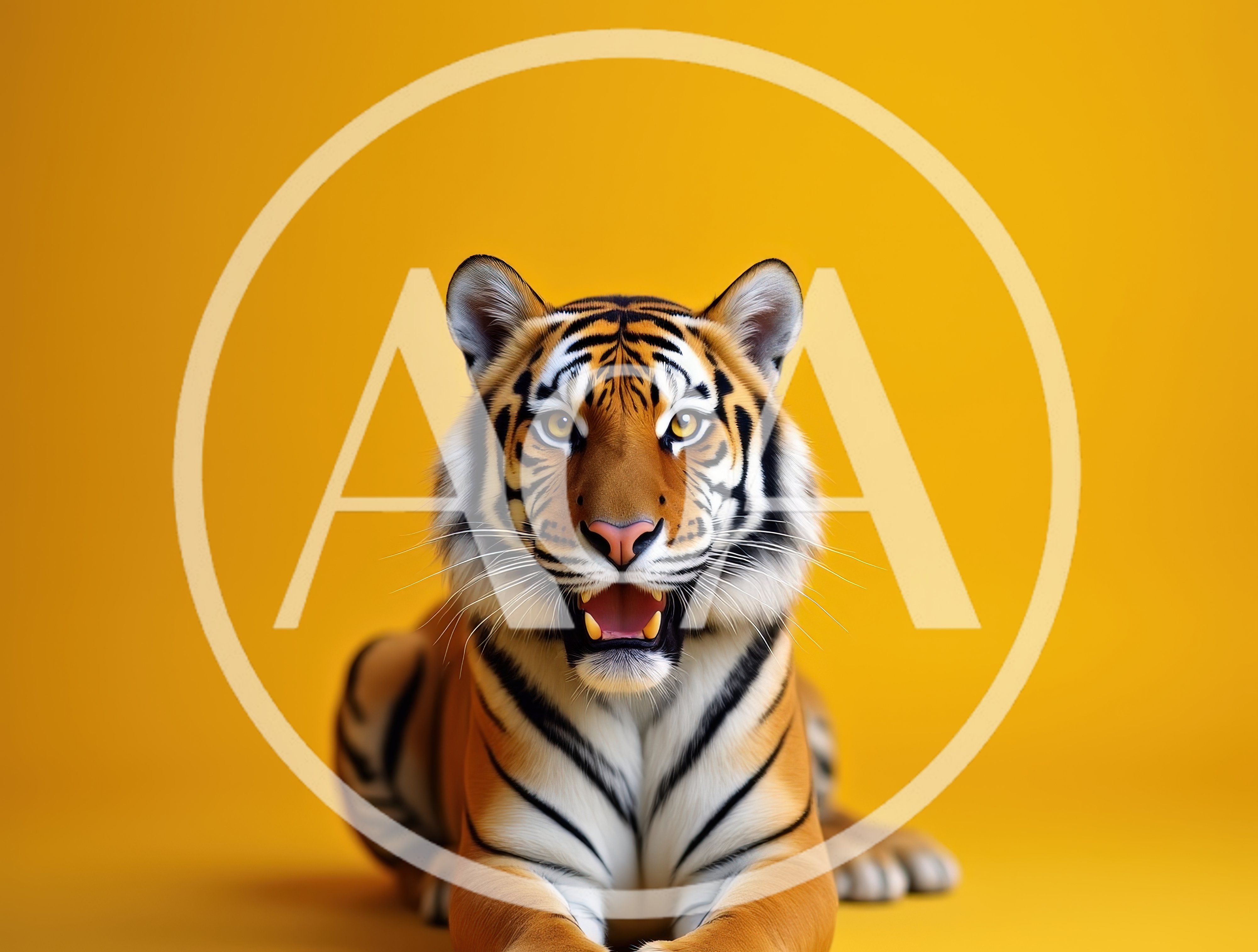 Majestic Tiger Sitting Against A Solid Yellow Background