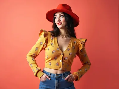 Stylish Young Woman Wearing Red Hat and Yellow Cardigan