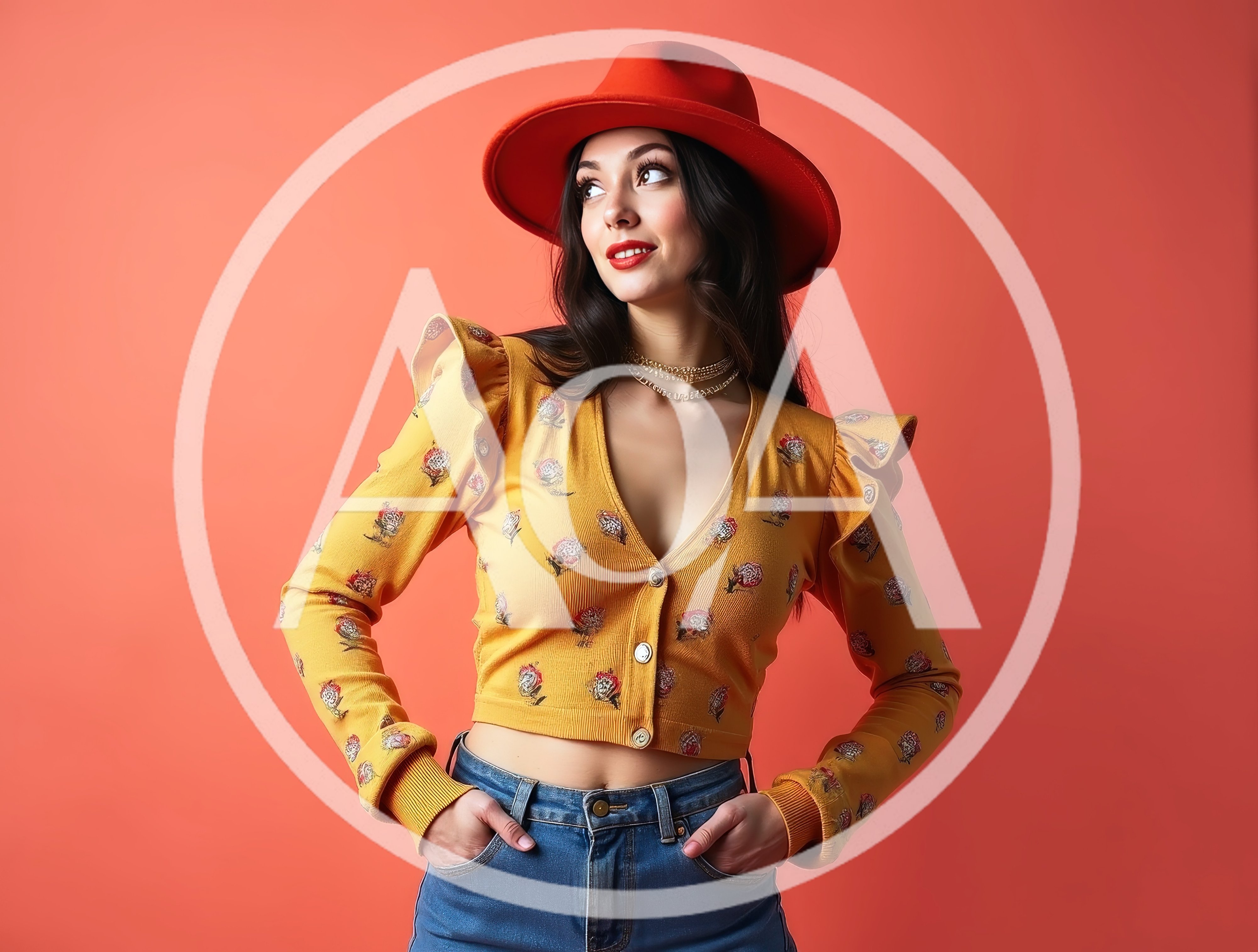 Stylish Young Woman Wearing Red Hat and Yellow Cardigan