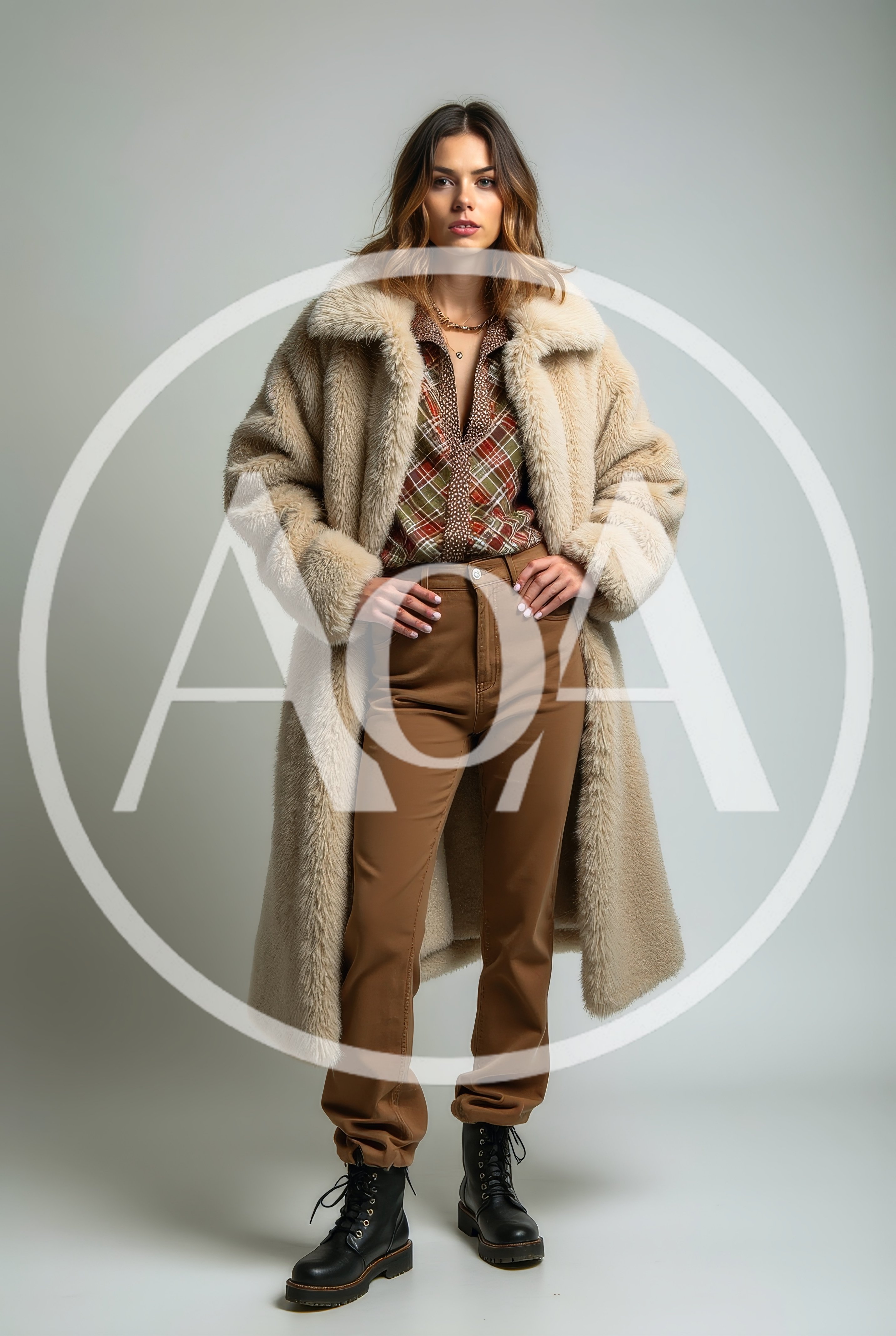 Fashion Model Posing In Faux Fur Coat And Trousers