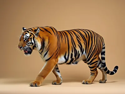 Majestic Tiger Walking Against A Solid Beige Background
