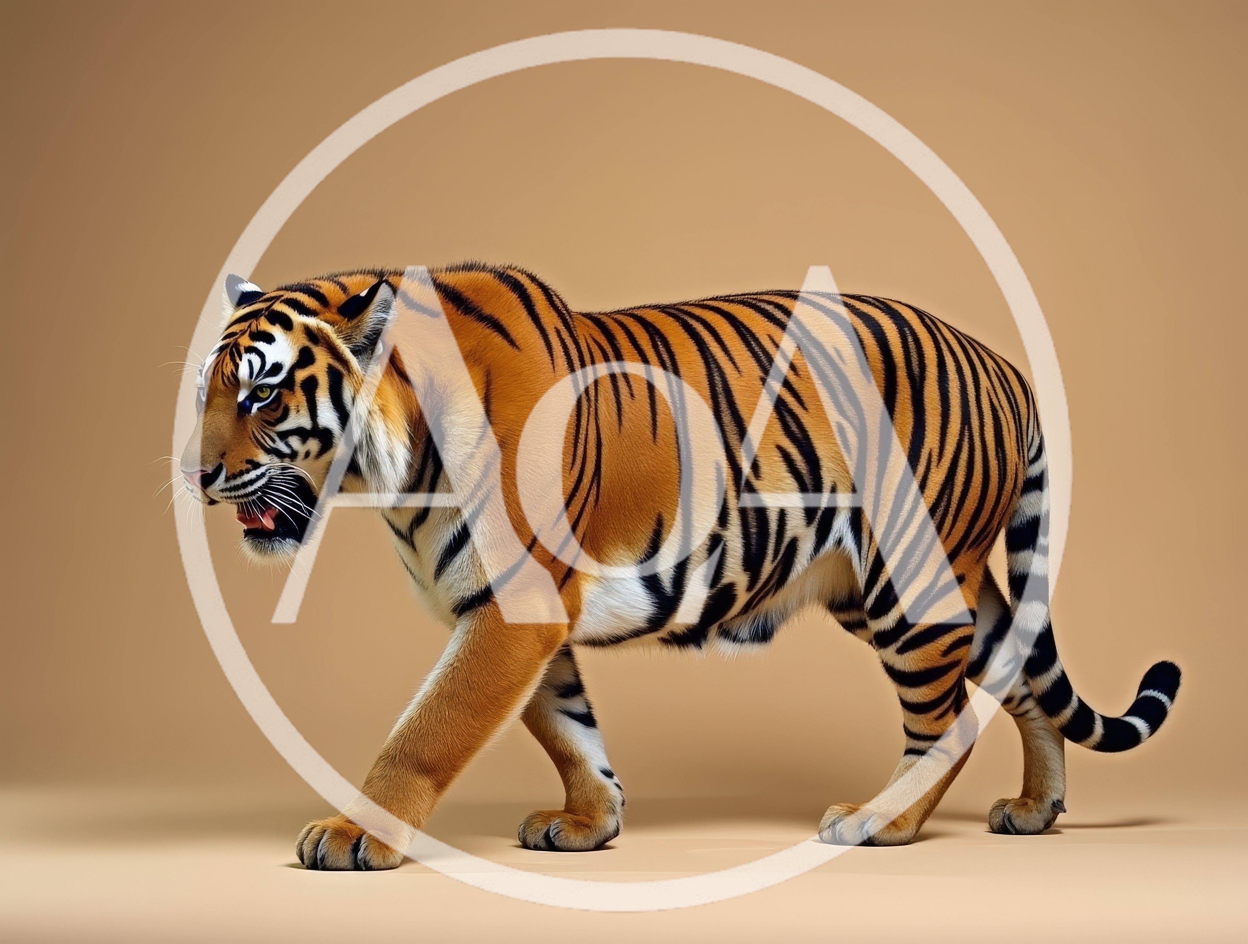 Majestic Tiger Walking Against A Solid Beige Background