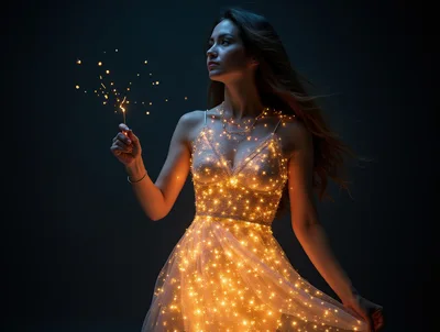 Woman Wearing Glowing Fairy Light Dress Holding Sparkler