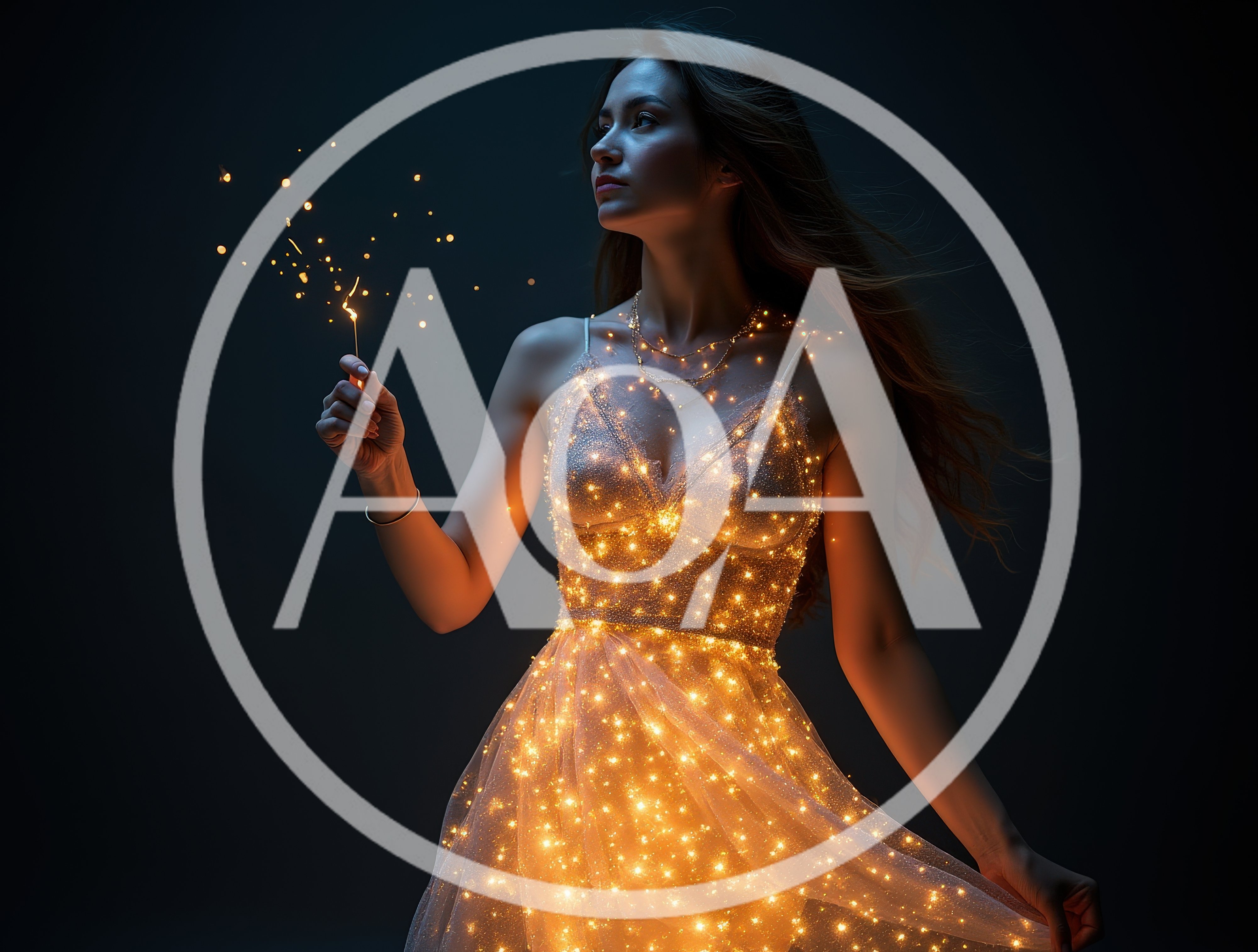 Woman Wearing Glowing Fairy Light Dress Holding Sparkler