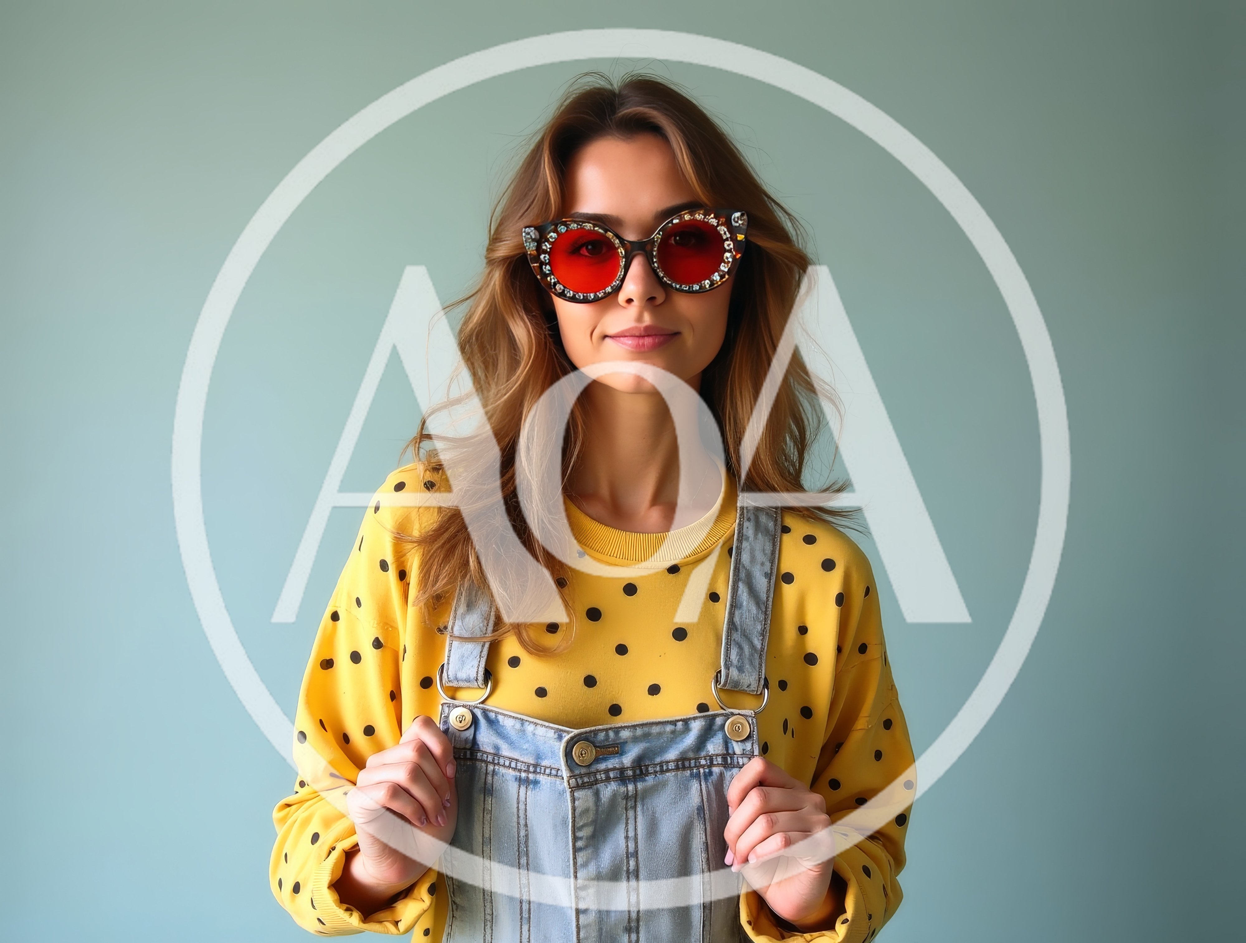 Young Woman Wearing Polka Dot Sweater And Denim Overalls